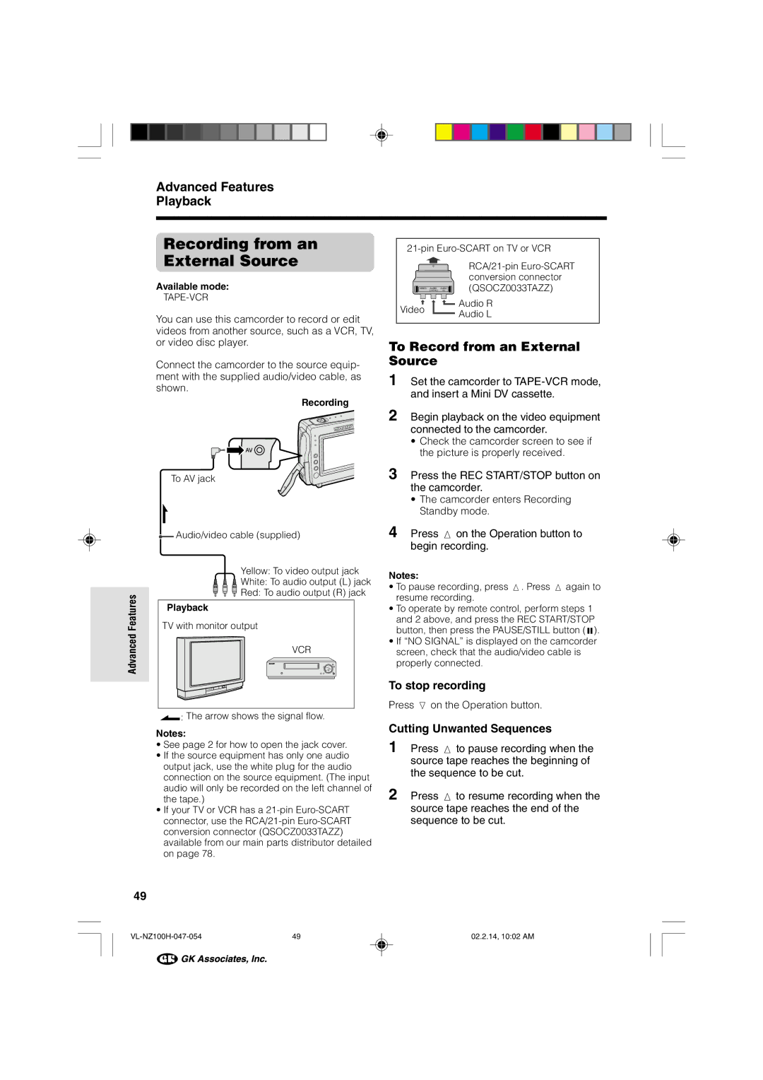 Sharp VL-NZ100S manual Recording from an External Source, Advanced Features Playback, To Record from an External Source 