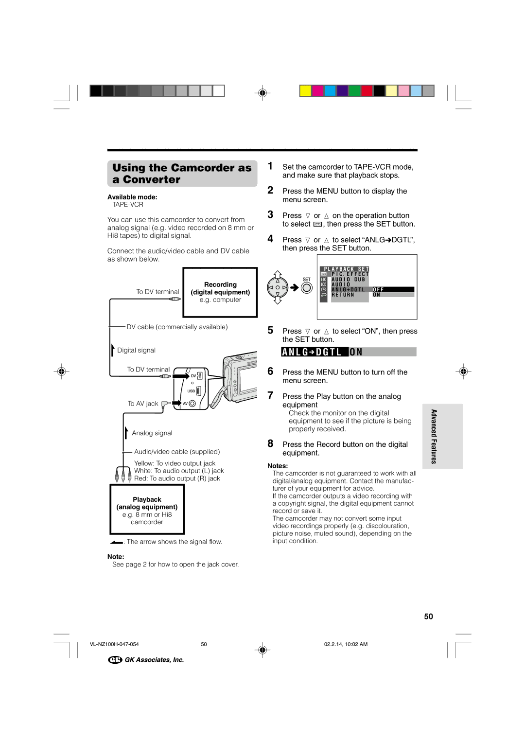 Sharp VL-NZ100S manual Using the Camcorder as a Converter, L G D G T L O N, To DV terminal, Digital equipment 