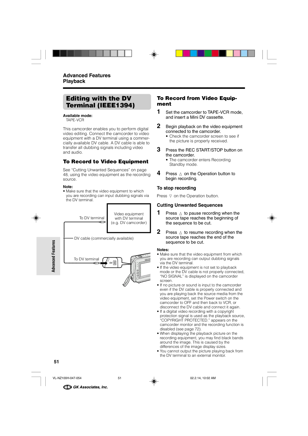 Sharp VL-NZ100S Editing with the DV, Terminal IEEE1394, To Record from Video Equip, Ment, To Record to Video Equipment 