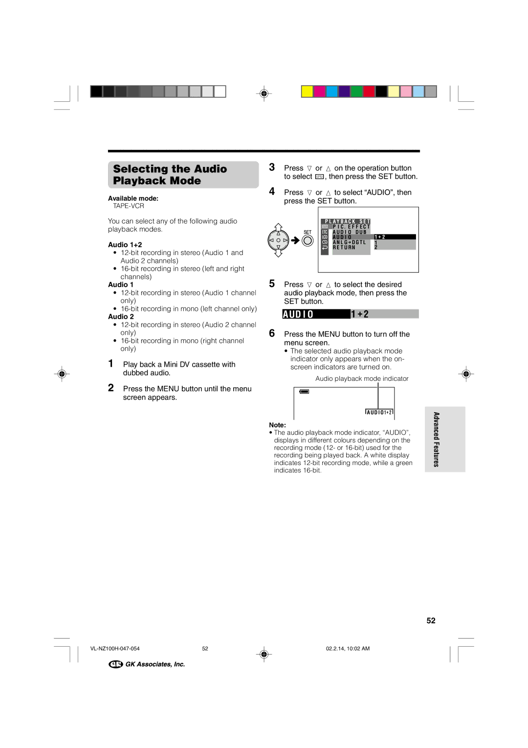 Sharp VL-NZ100S manual Selecting the Audio Playback Mode, Aud I O, You can select any of the following audio playback modes 