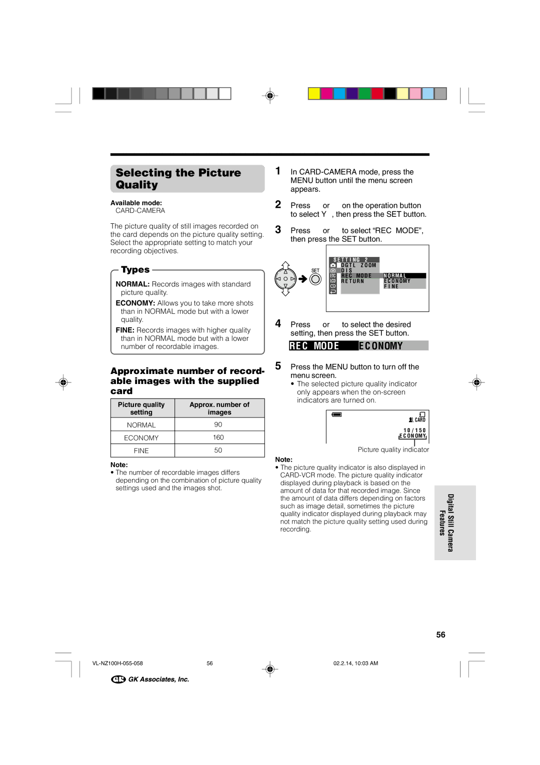 Sharp VL-NZ100S manual Selecting the Picture Quality, Picture quality Approx. number Setting 