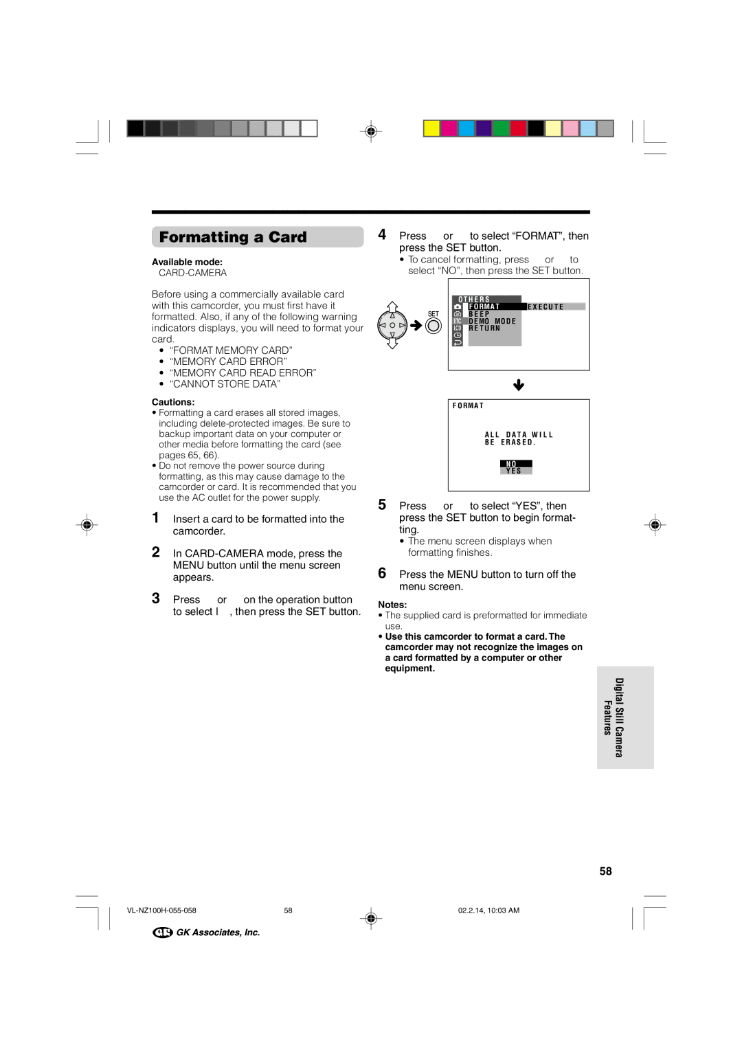 Sharp VL-NZ100S manual Formatting a Card 