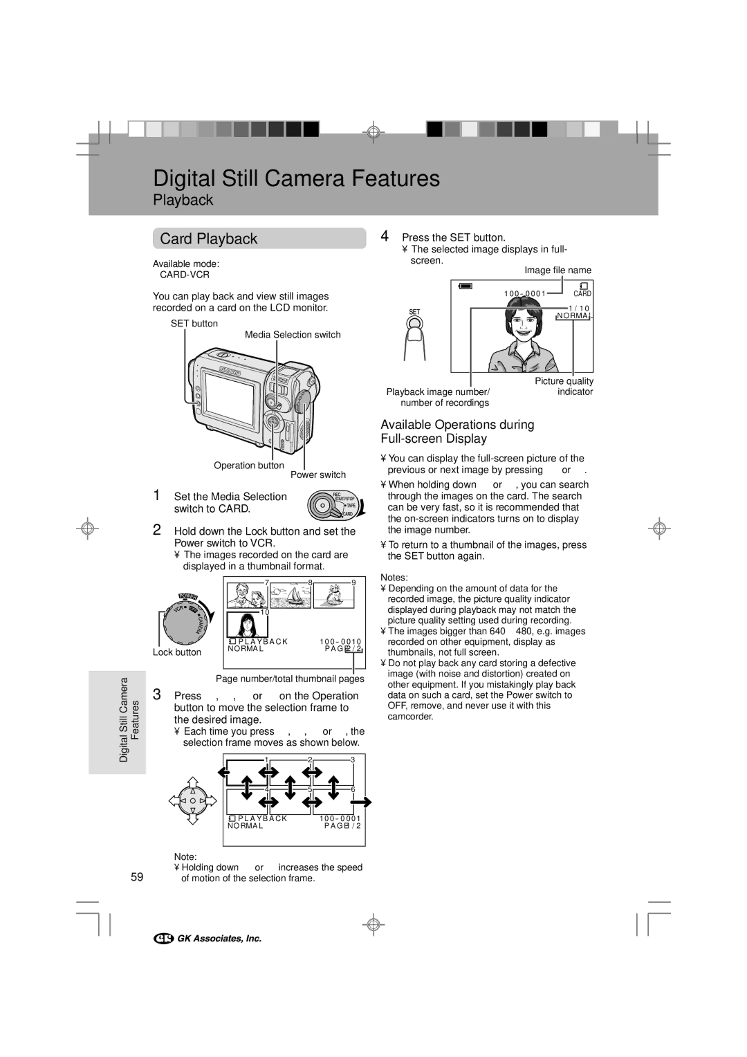 Sharp VL-NZ100S manual Card Playback, Available Operations during Full-screen Display, Press j, k, l or m on the Operation 