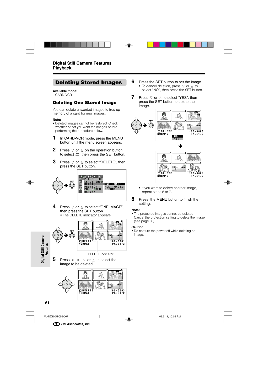 Sharp VL-NZ100S manual Deleting Stored Images, Digital Still Camera Features Playback, Deleting One Stored Image 