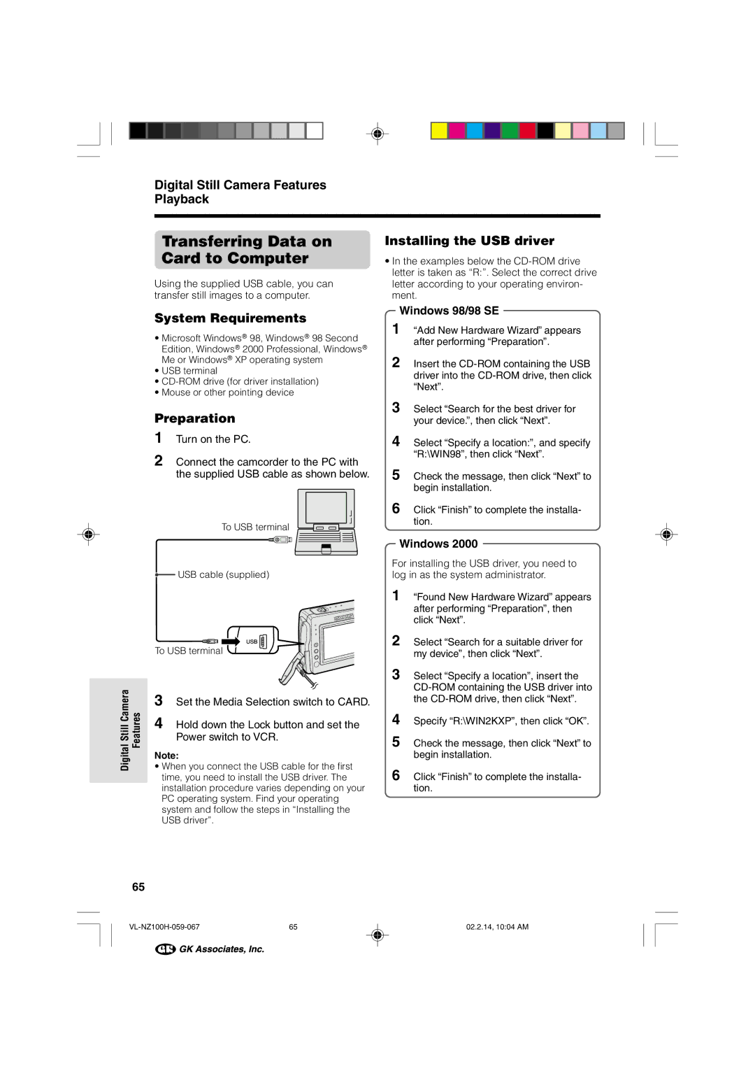 Sharp VL-NZ100S manual Transferring Data on, Card to Computer, Installing the USB driver, System Requirements 