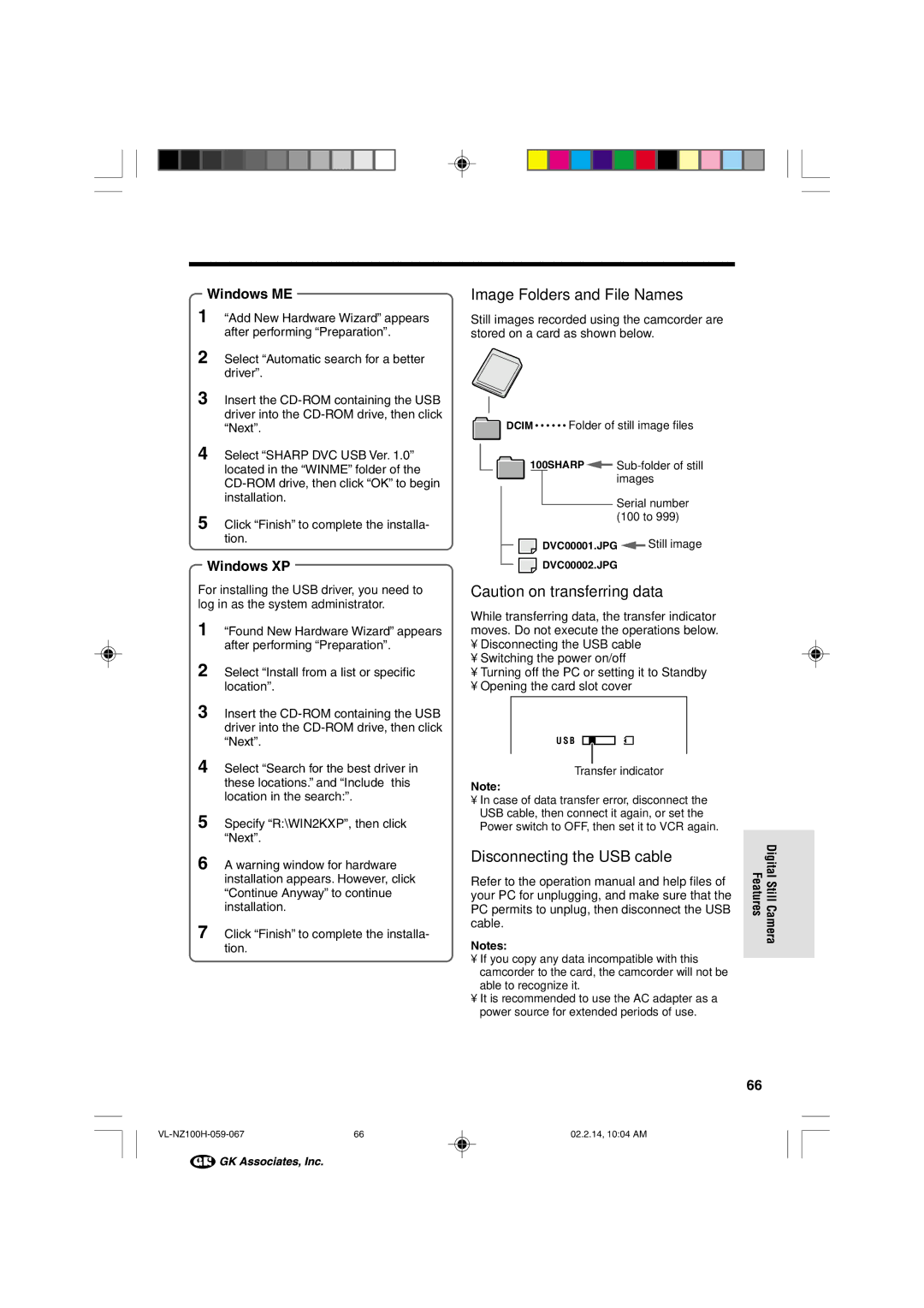 Sharp VL-NZ100S manual Image Folders and File Names, Disconnecting the USB cable, Windows ME, Windows XP 