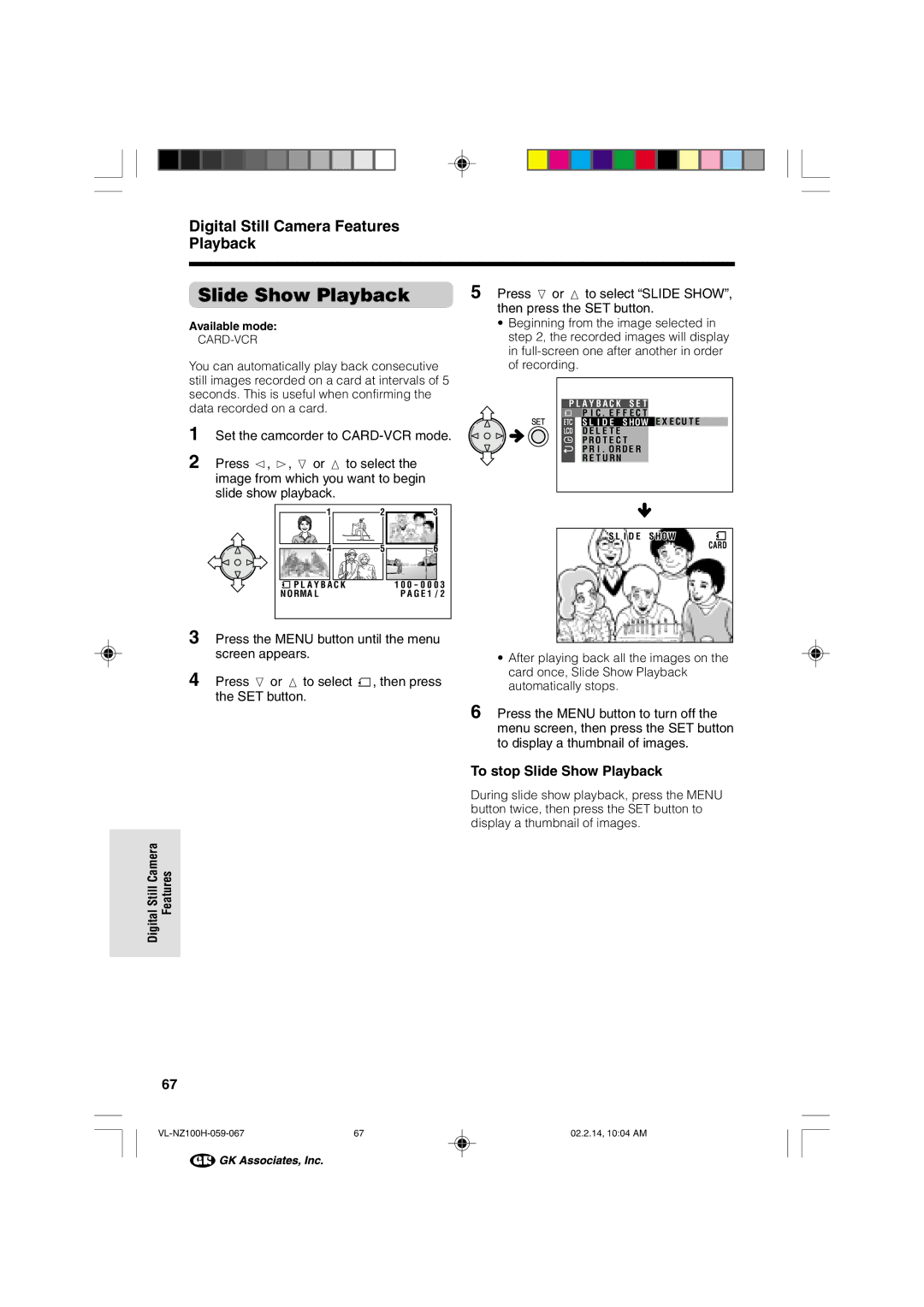 Sharp VL-NZ100S manual To stop Slide Show Playback, Press l or m to select Slide Show 