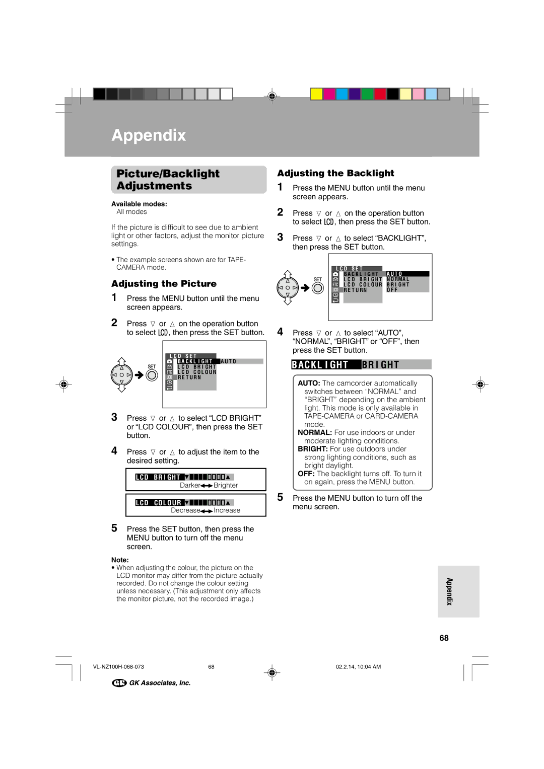 Sharp VL-NZ100S manual Picture/Backlight Adjustments, Adjusting the Picture, Adjusting the Backlight 