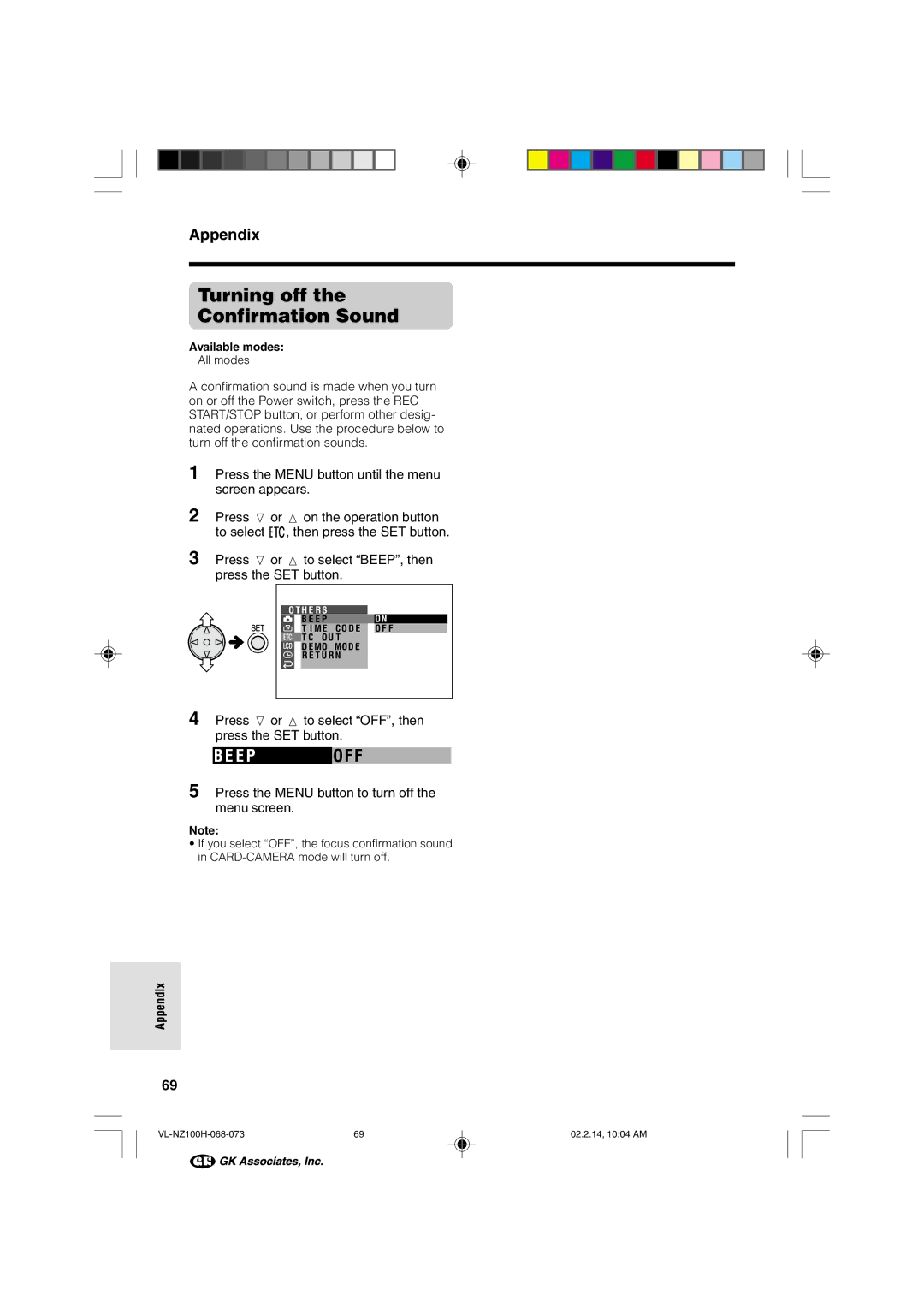 Sharp VL-NZ100S manual Turning off Confirmation Sound, Appendix, Press l or m to select OFF, then press the SET button 