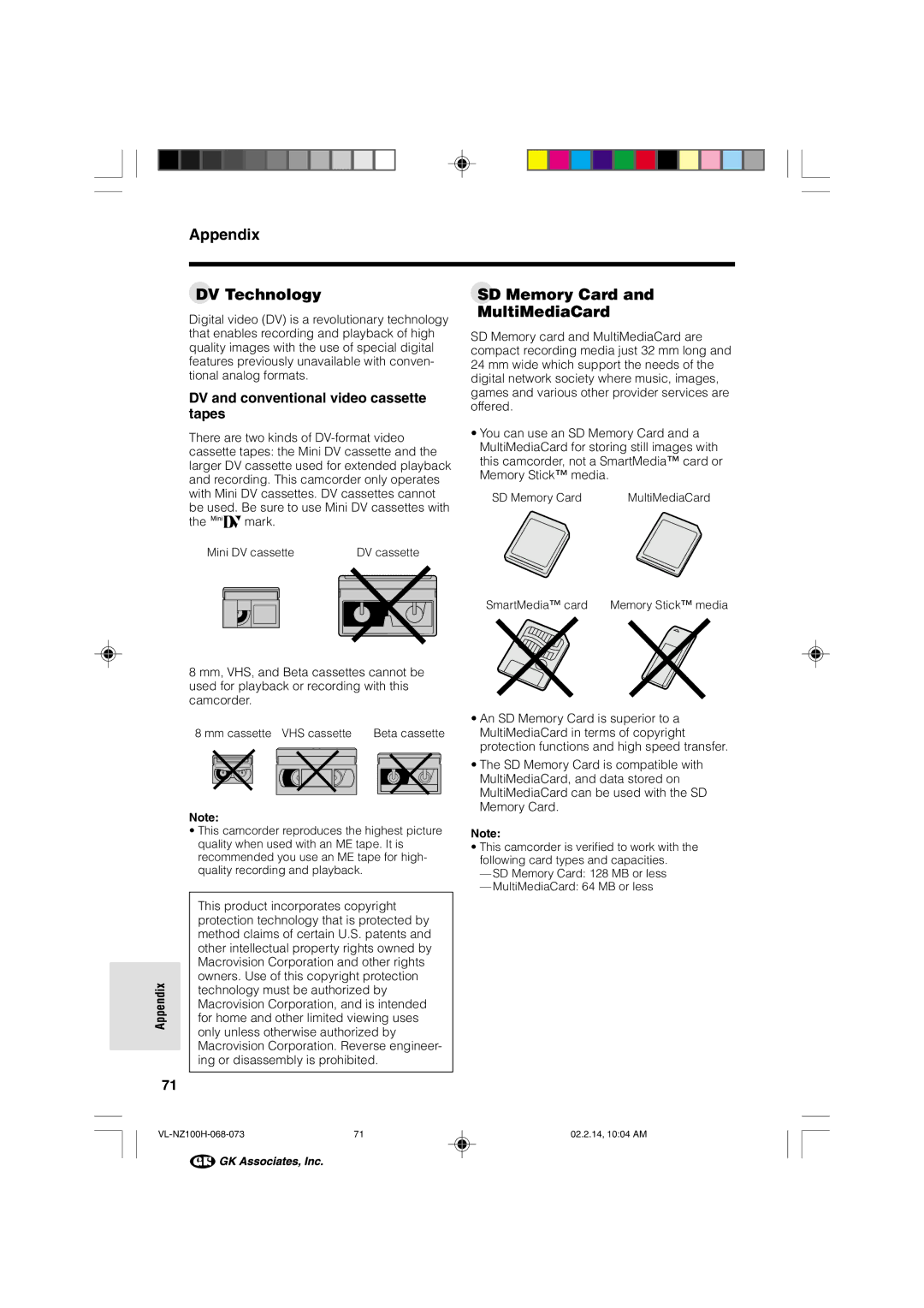 Sharp VL-NZ100S manual Appendix DV Technology, SD Memory Card MultiMediaCard, DV and conventional video cassette tapes 