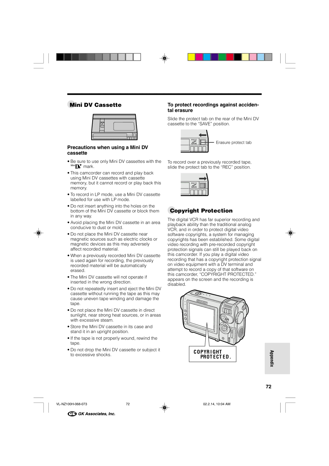 Sharp VL-NZ100S manual Mini DV Cassette, Copyright Protection, Precautions when using a Mini DV cassette 