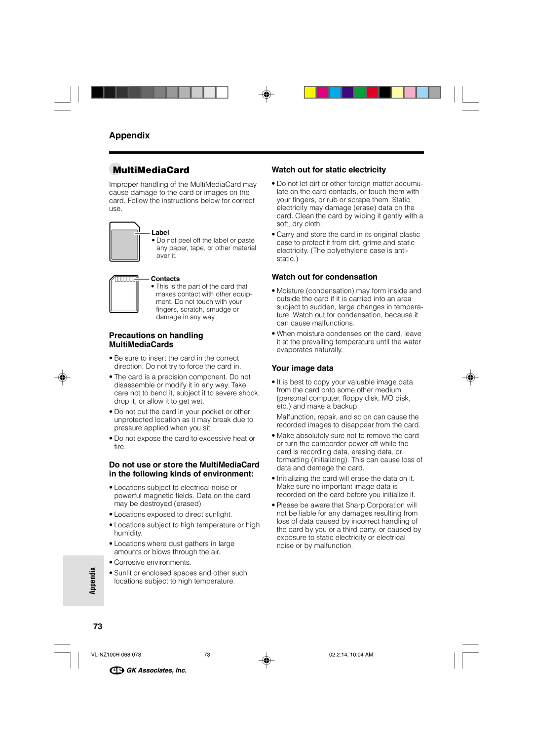 Sharp VL-NZ100S manual Appendix MultiMediaCard, Watch out for static electricity, Precautions on handling MultiMediaCards 