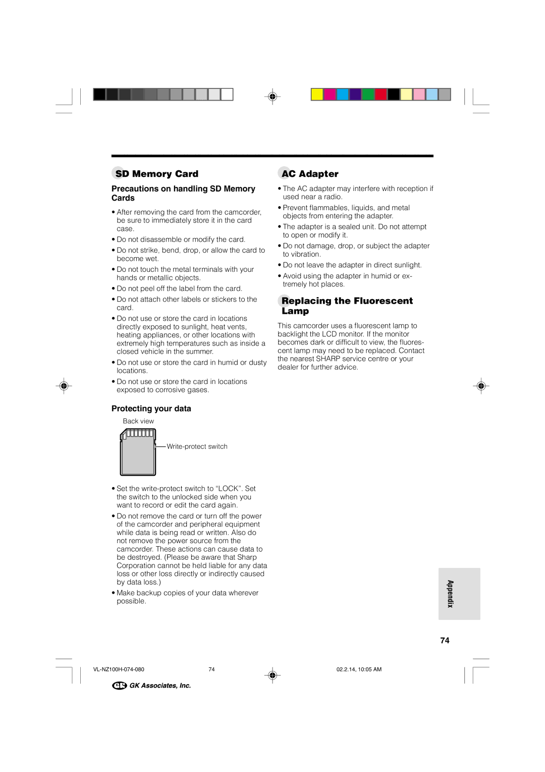 Sharp VL-NZ100S manual SD Memory Card AC Adapter, Replacing the Fluorescent Lamp, Precautions on handling SD Memory Cards 