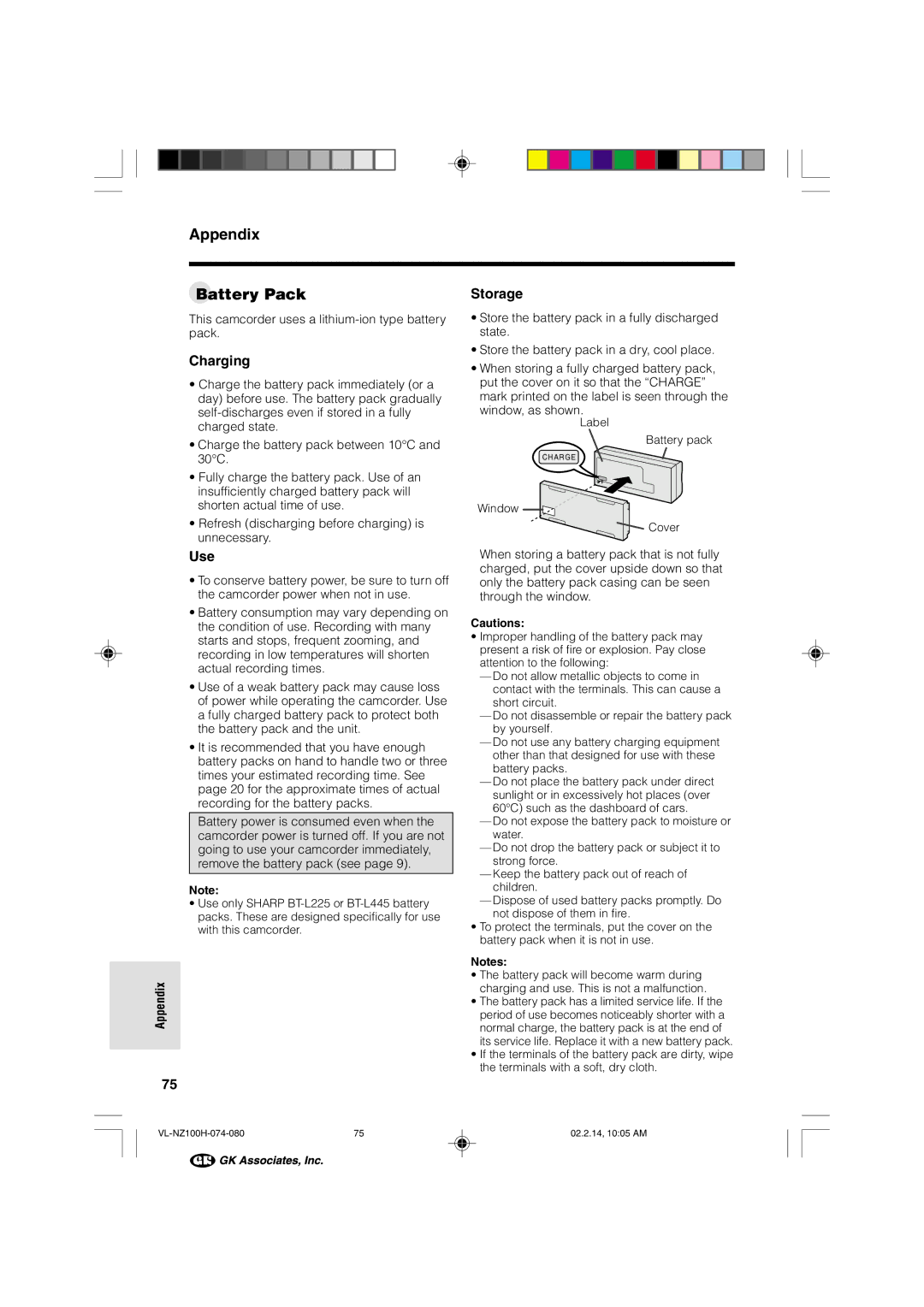 Sharp VL-NZ100S manual Appendix Battery Pack, Charging, Storage, Use, This camcorder uses a lithium-ion type battery pack 