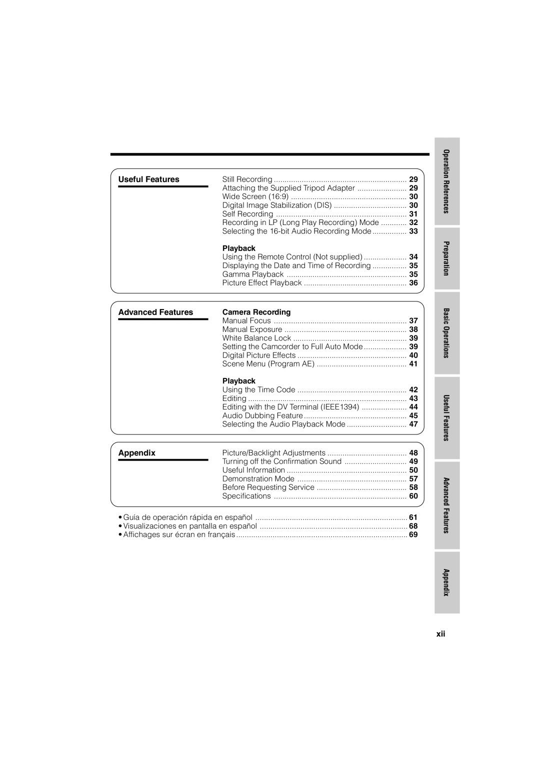 Sharp VL-NZ50U operation manual Useful Features Advanced Features Appendix, Xii 