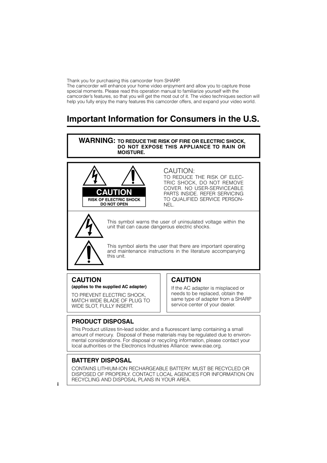 Sharp VL-NZ50U Important Information for Consumers in the U.S, Thank you for purchasing this camcorder from Sharp 