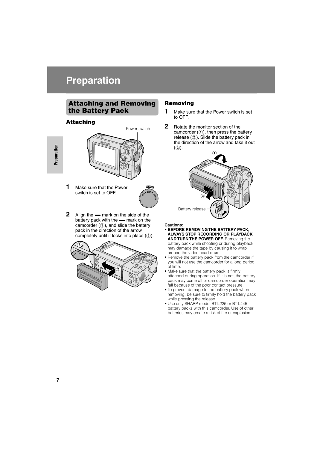 Sharp VL-NZ50U operation manual Preparation, Attaching and Removing the Battery Pack 