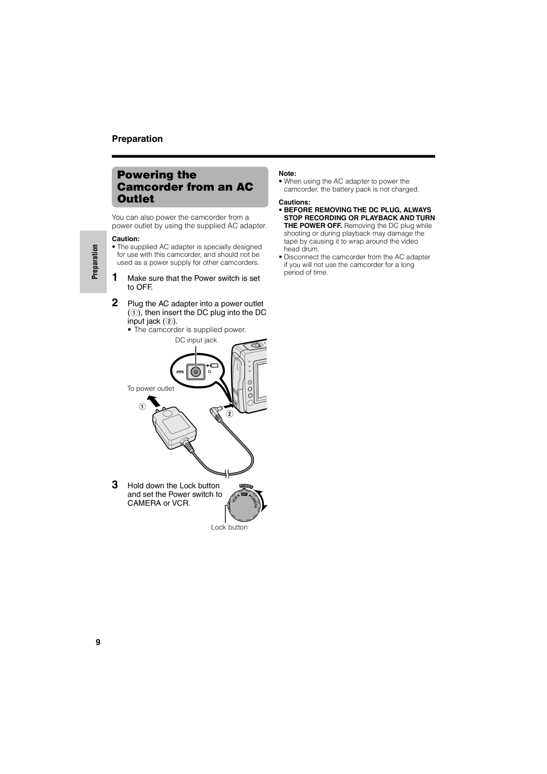 Sharp VL-NZ50U operation manual Powering the Camcorder from an AC Outlet, Preparation 