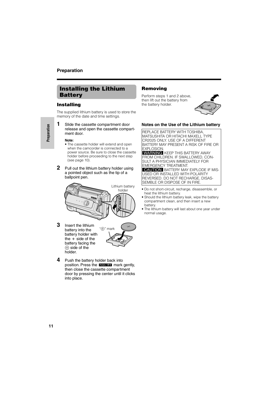 Sharp VL-NZ50U operation manual Installing the Lithium Battery 