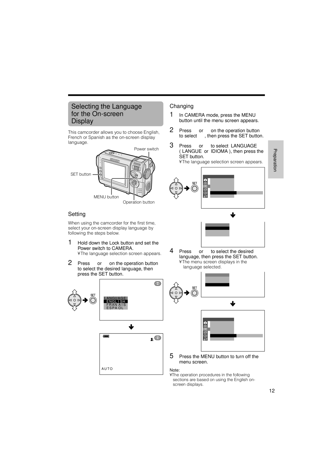 Sharp VL-NZ50U operation manual Selecting the Language for the On-screen Display, Setting Changing 