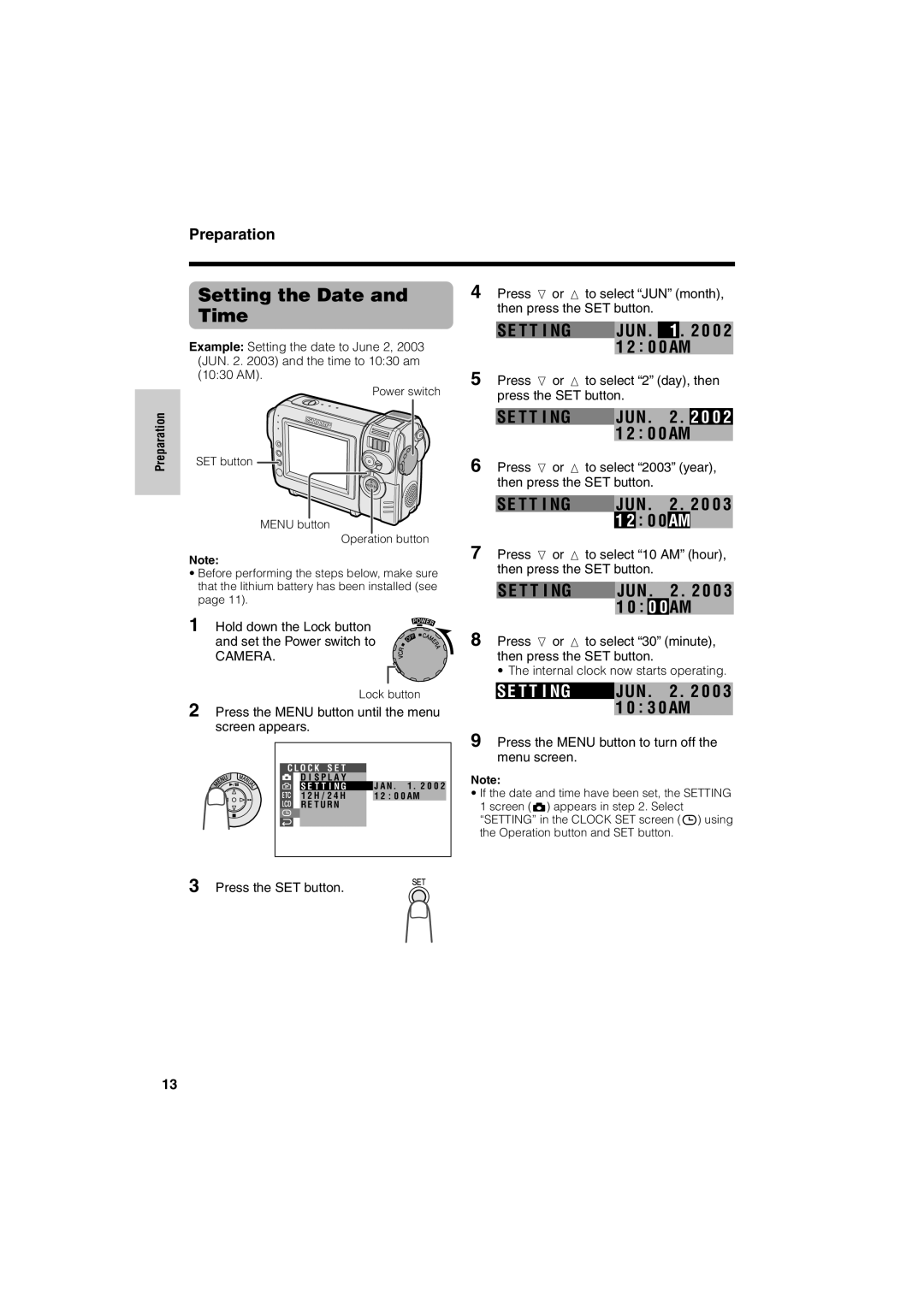 Sharp VL-NZ50U operation manual Setting the Date and Time, 0 0 AM 