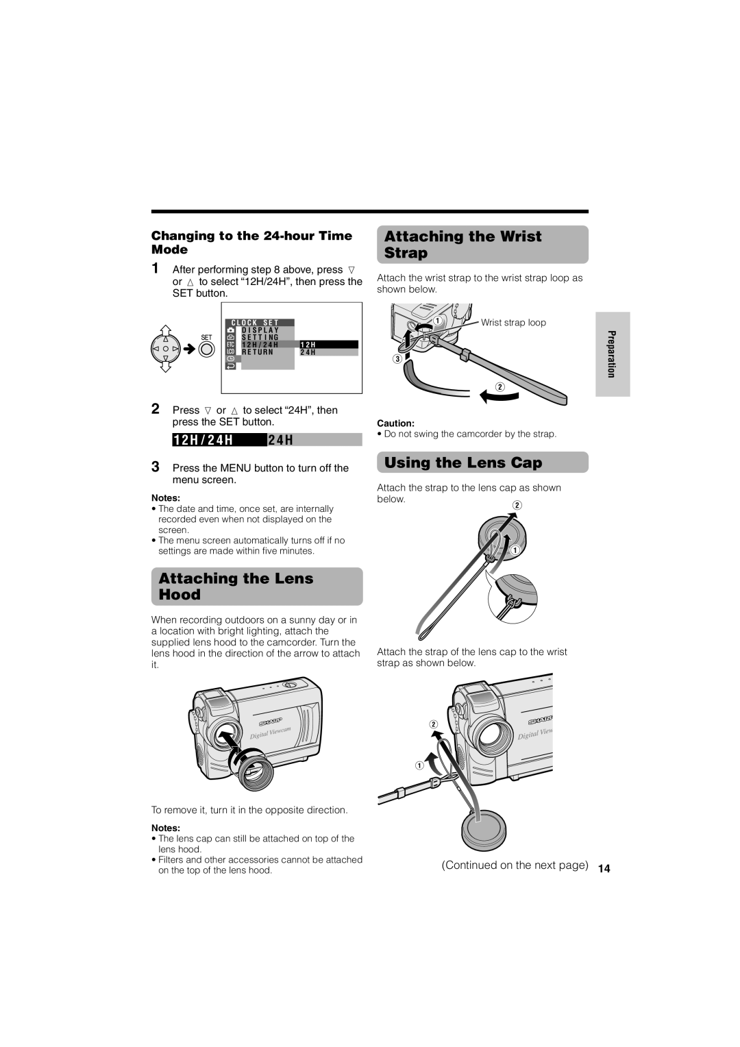 Sharp VL-NZ50U Attaching the Lens Hood, Attaching the Wrist Strap, Using the Lens Cap, Changing to the 24-hour Time Mode 