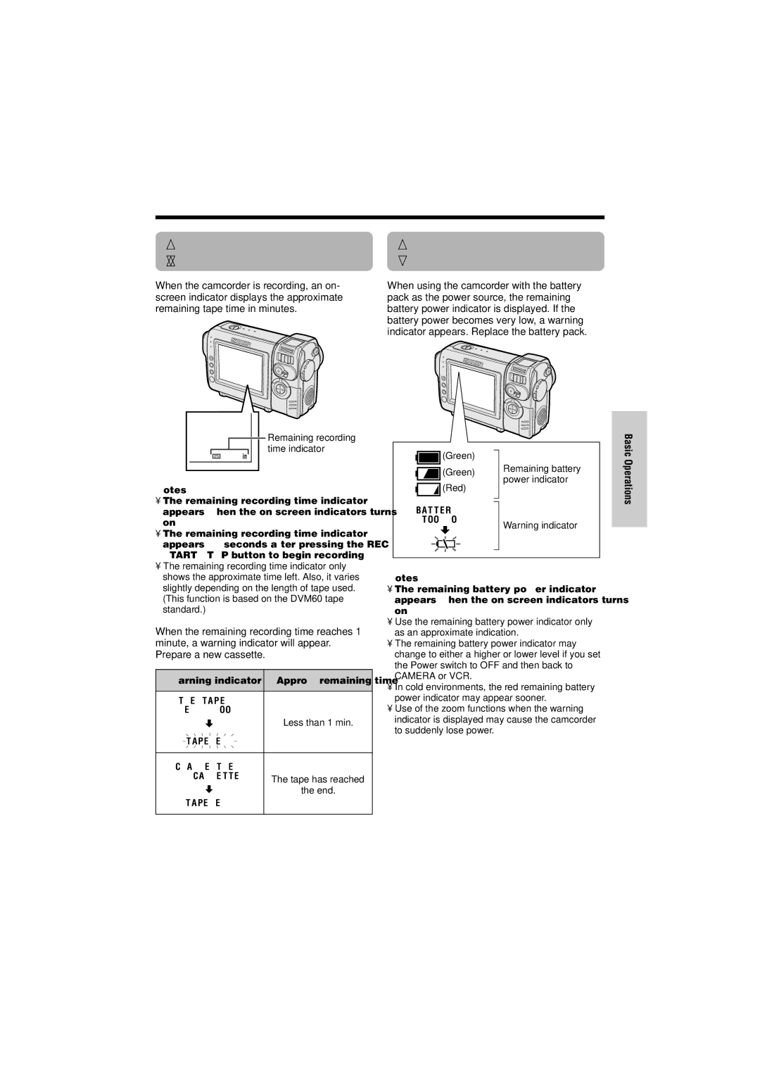 Sharp VL-NZ50U operation manual Remaining Recording Time Display, Remaining Battery Power Display 