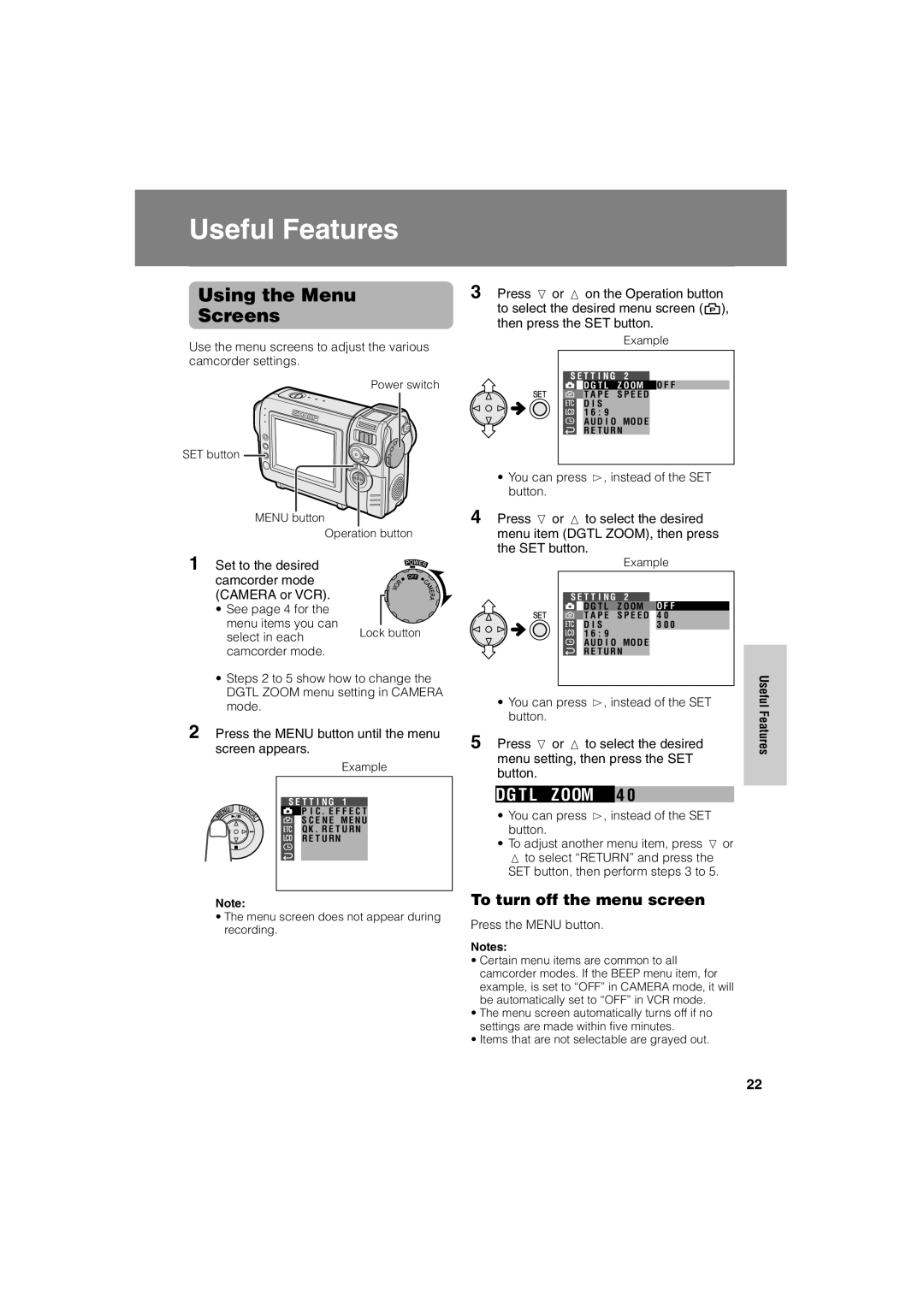 Sharp VL-NZ50U operation manual Useful Features, Using the Menu Screens, To turn off the menu screen, Press the Menu button 