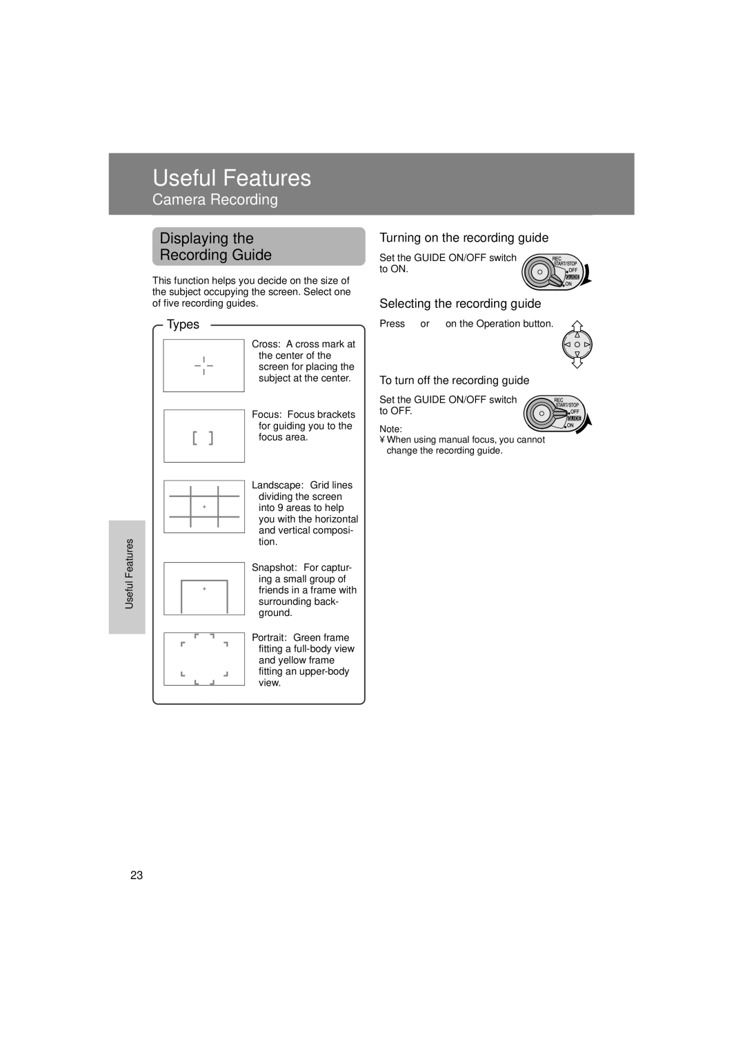 Sharp VL-NZ50U Displaying Recording Guide, Types, Turning on the recording guide, Selecting the recording guide 