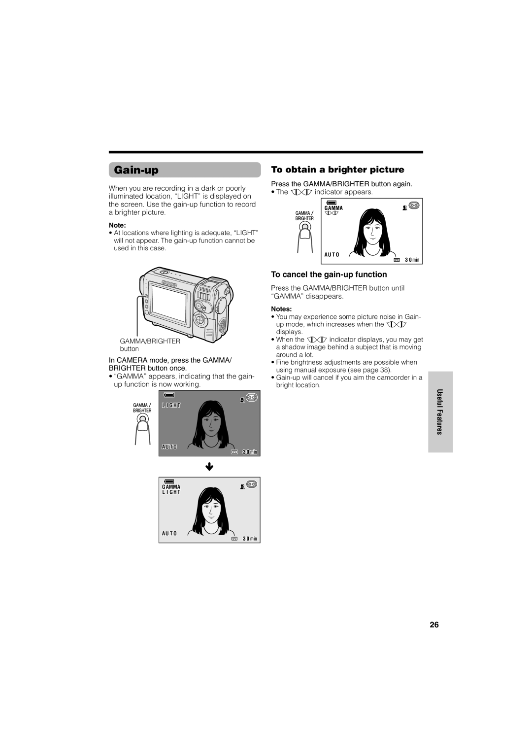 Sharp VL-NZ50U Gain-up, To cancel the gain-up function, Press the GAMMA/BRIGHTER button again Eindicator appears 