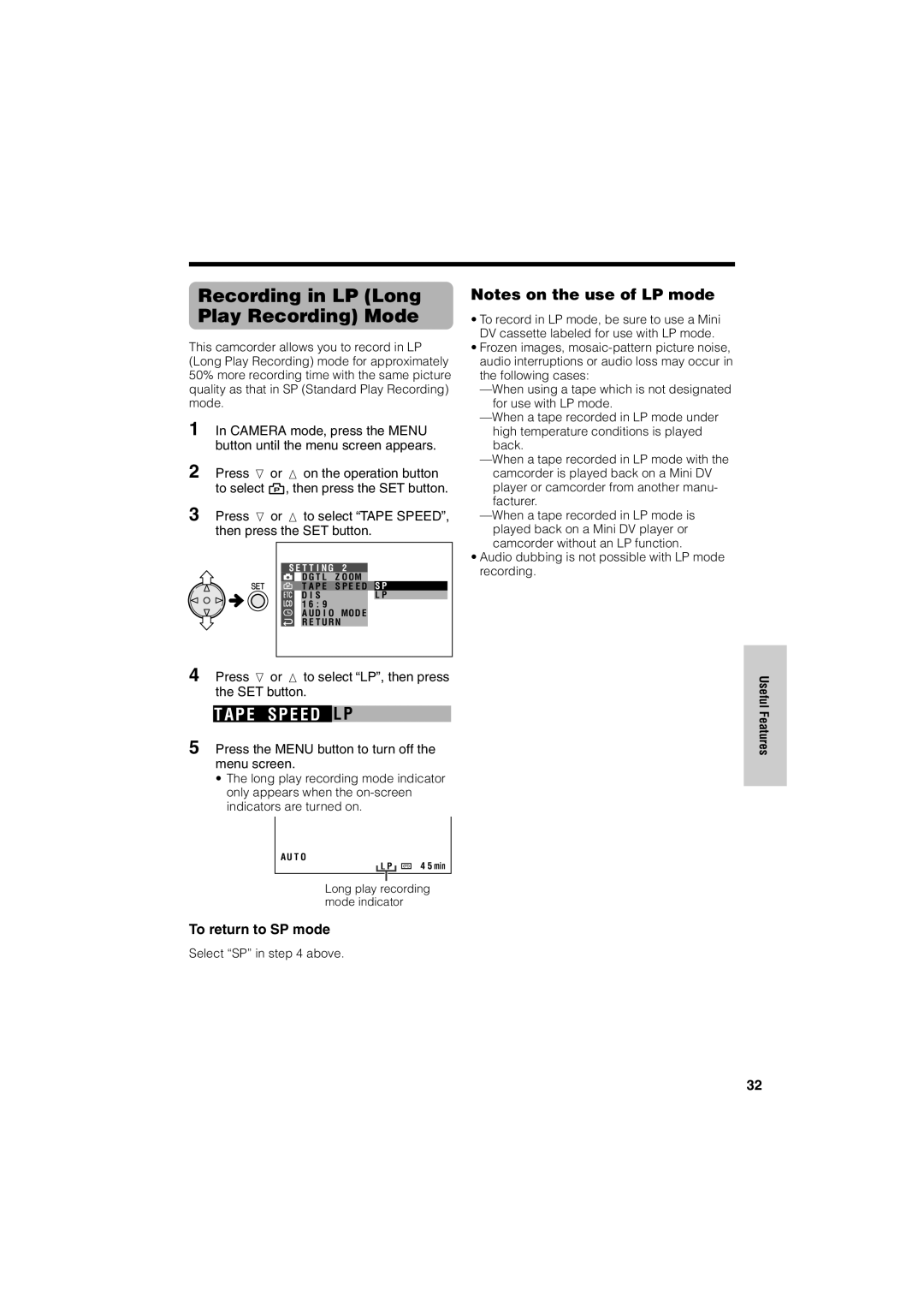 Sharp VL-NZ50U operation manual Recording in LP Long Play Recording Mode, To return to SP mode, Select SP in above 