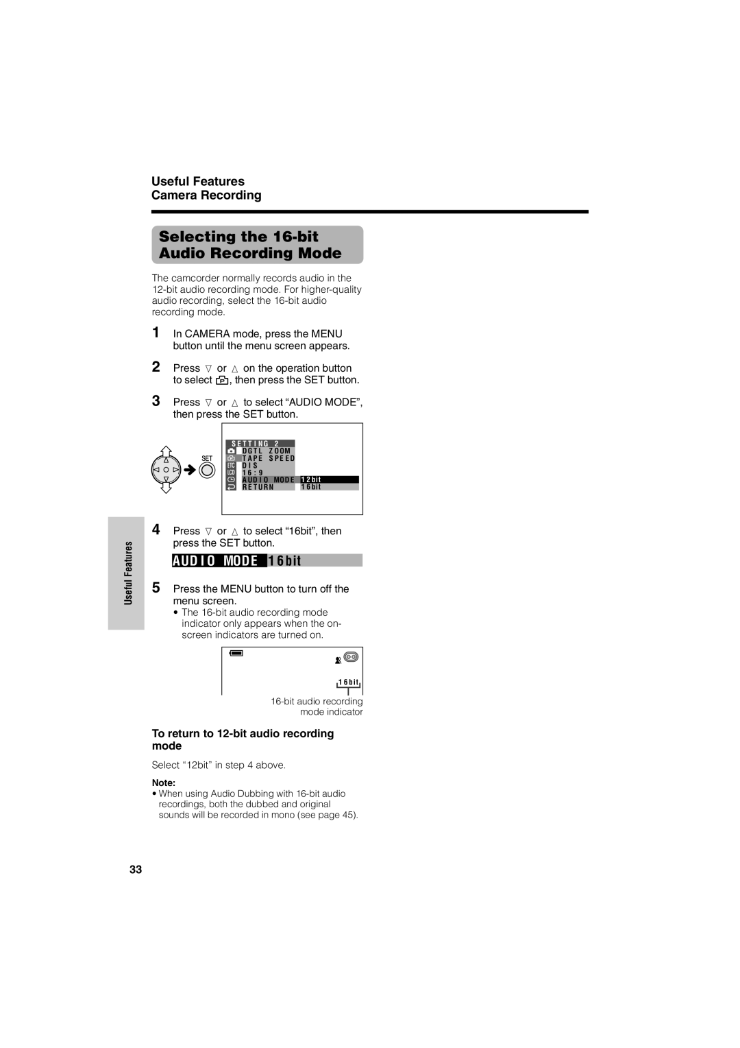 Sharp VL-NZ50U Selecting the 16-bit Audio Recording Mode, To return to 12-bit audio recording mode, Select 12bit in above 