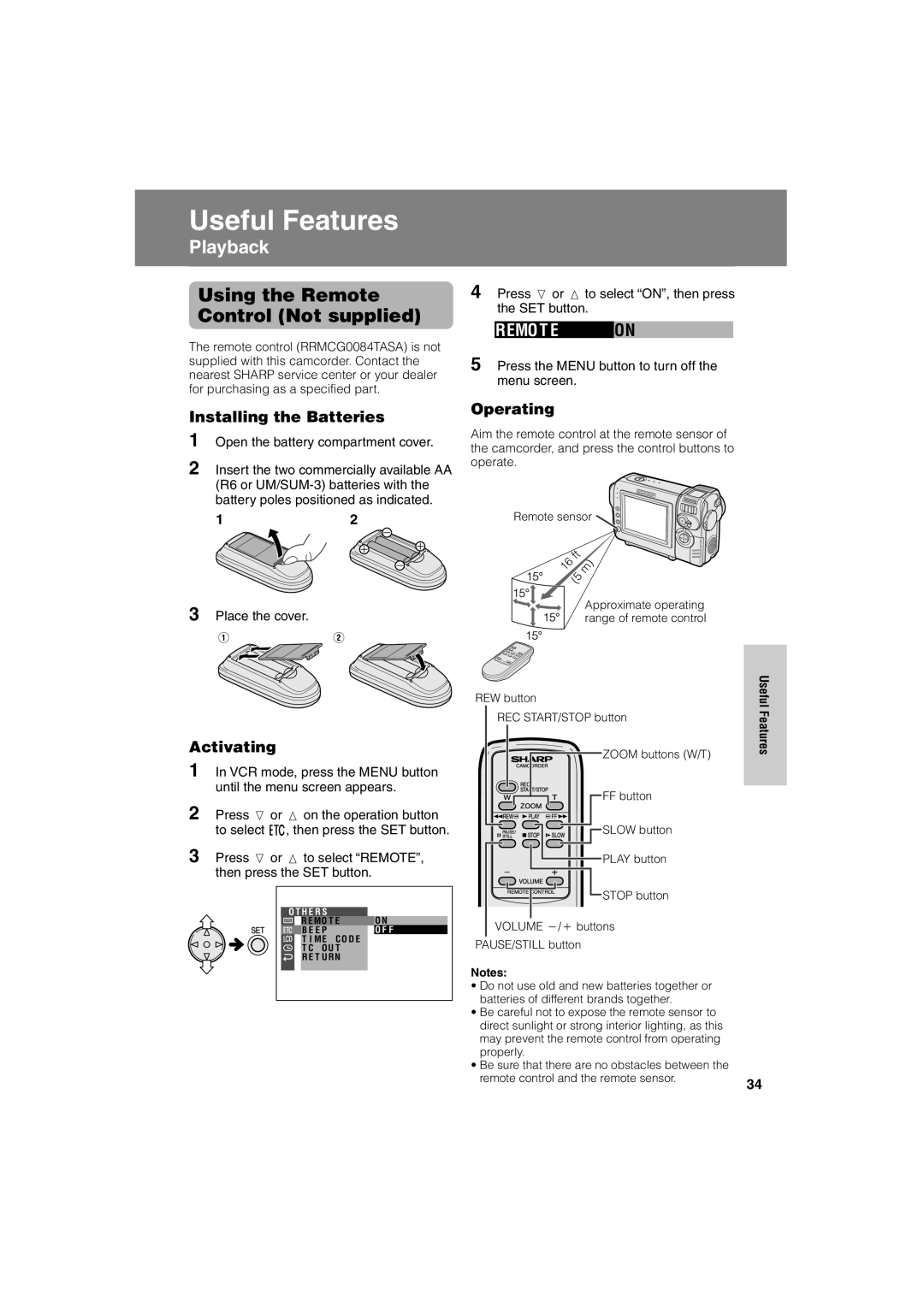 Sharp VL-NZ50U operation manual Using the Remote Control Not supplied, Installing the Batteries, Activating, Operating 