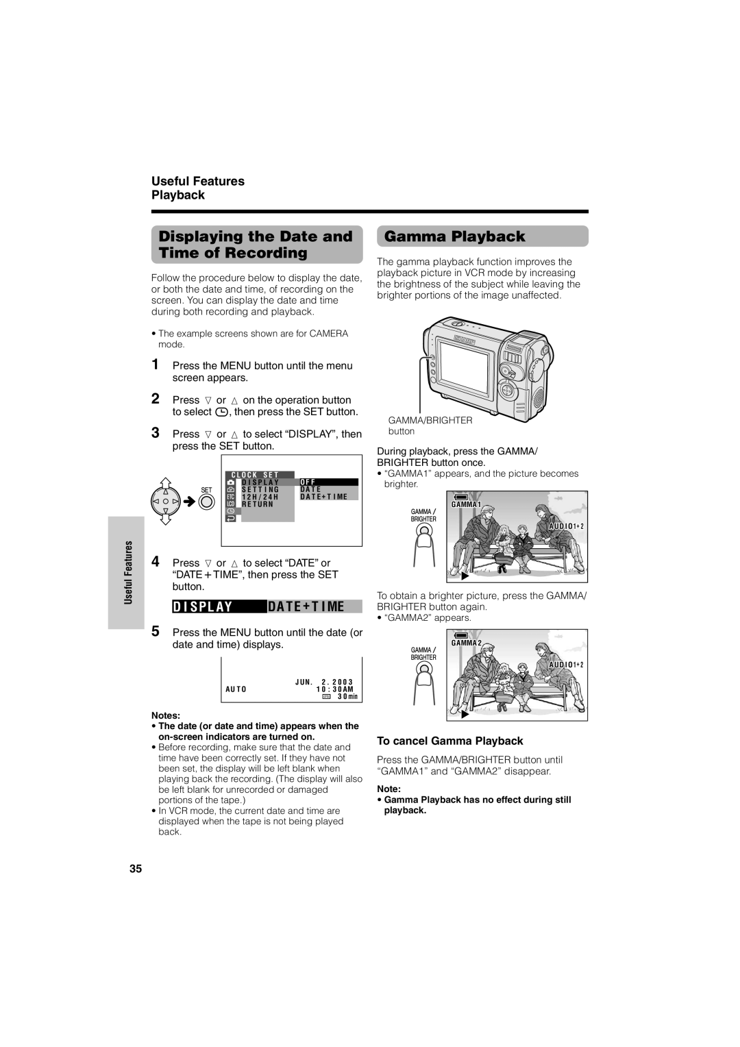 Sharp VL-NZ50U operation manual Displaying the Date and Time of Recording, Gamma Playback, Useful Features Playback 