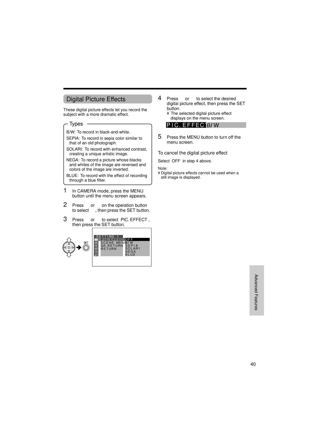 Sharp VL-NZ50U operation manual Digital Picture Effects, To cancel the digital picture effect 