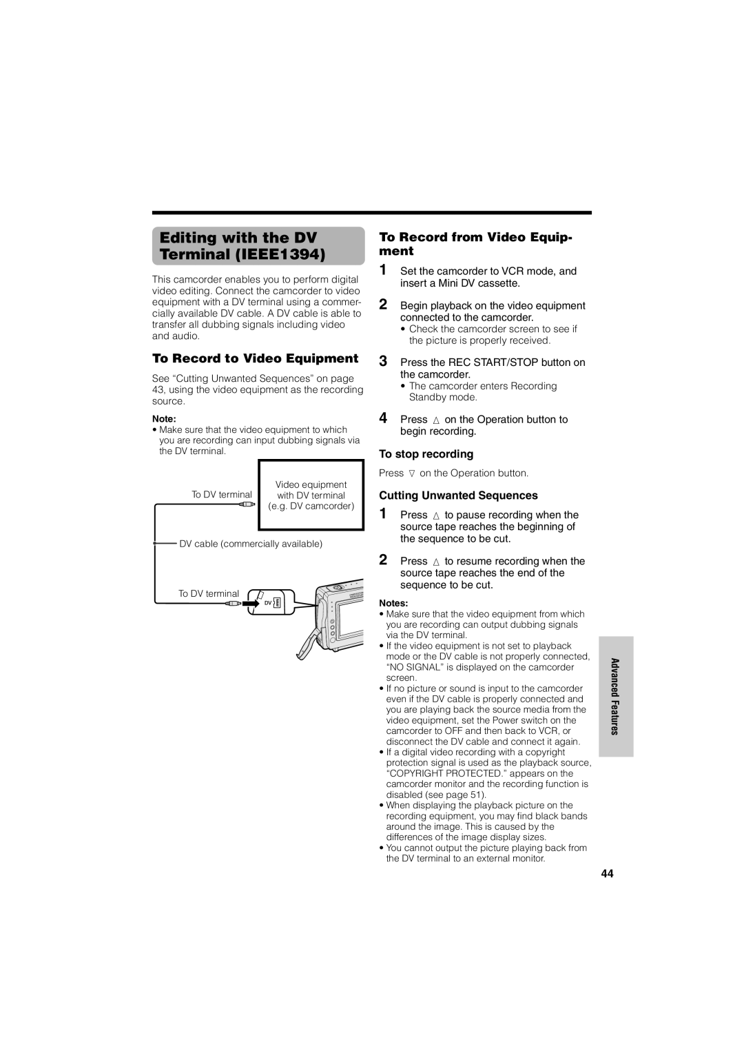 Sharp VL-NZ50U Editing with the DV Terminal IEEE1394, To Record to Video Equipment, To Record from Video Equip- ment 