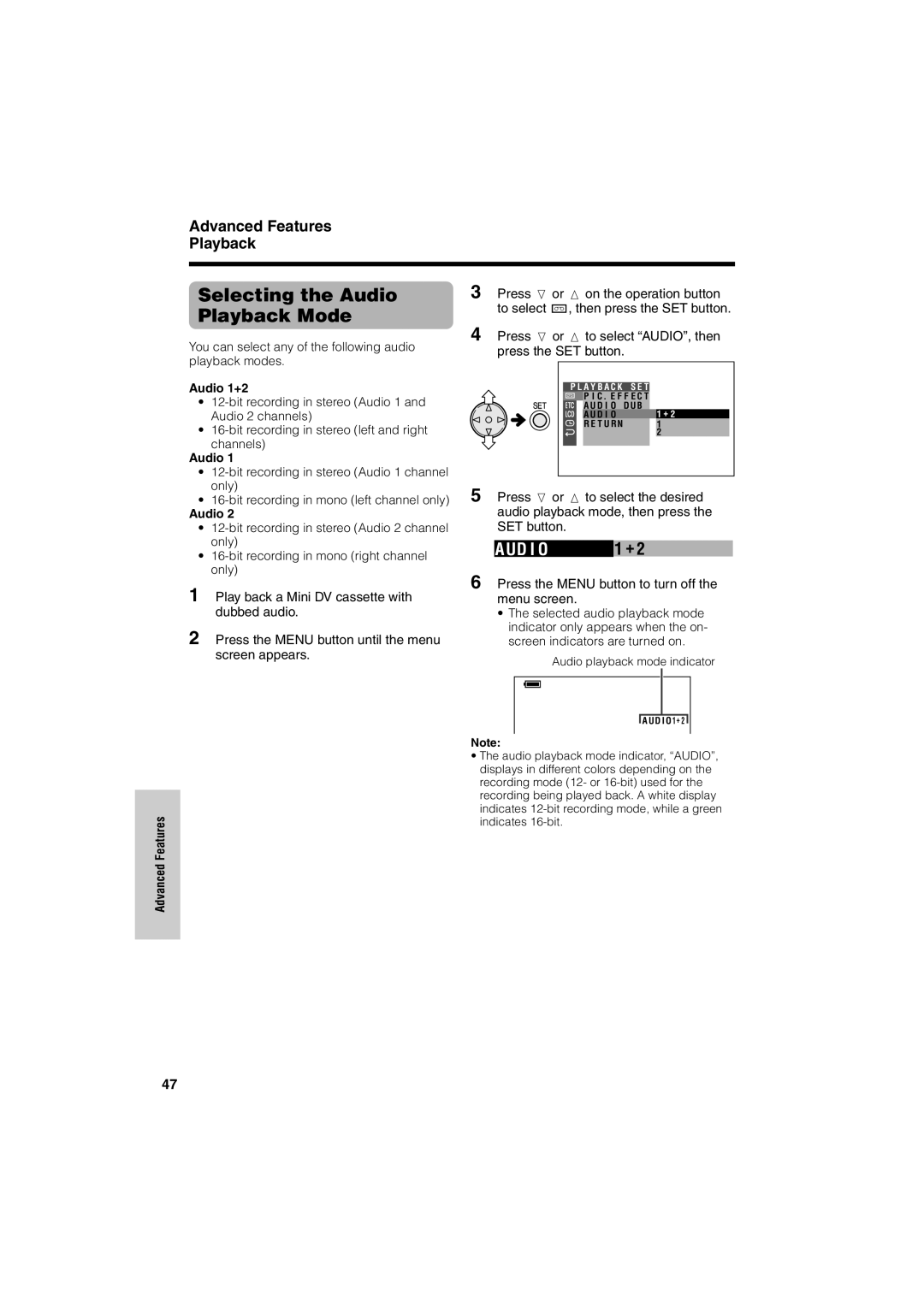 Sharp VL-NZ50U operation manual Selecting the Audio, Playback Mode, Press l or m on the operation button 