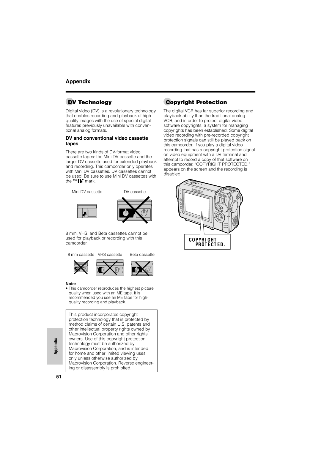 Sharp VL-NZ50U operation manual Appendix DV Technology Copyright Protection, DV and conventional video cassette tapes 