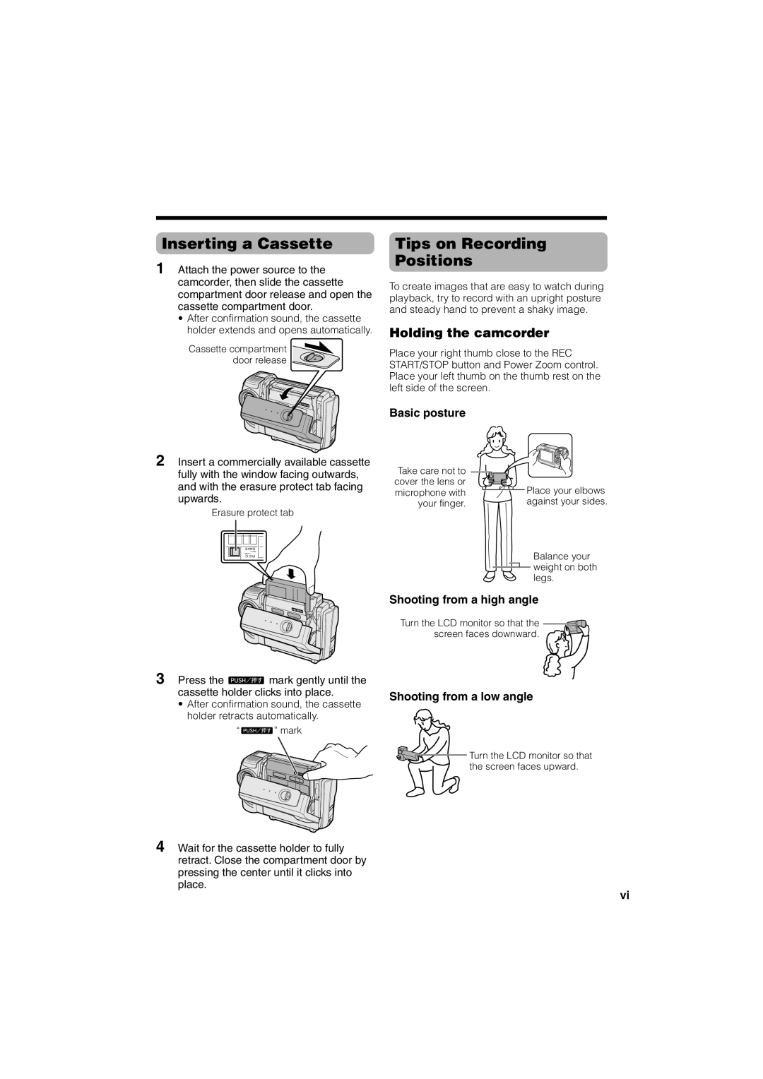 Sharp VL-NZ50U operation manual Inserting a Cassette, Tips on Recording Positions, Holding the camcorder 