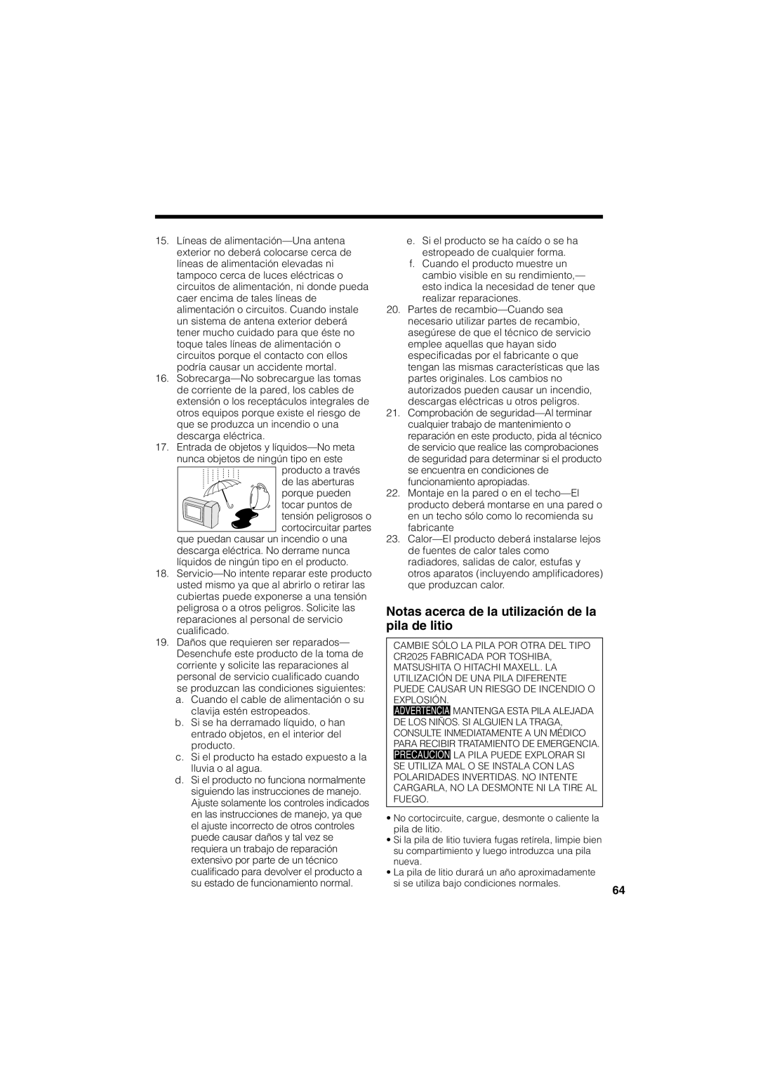 Sharp VL-NZ50U operation manual Notas acerca de la utilización de la pila de litio 