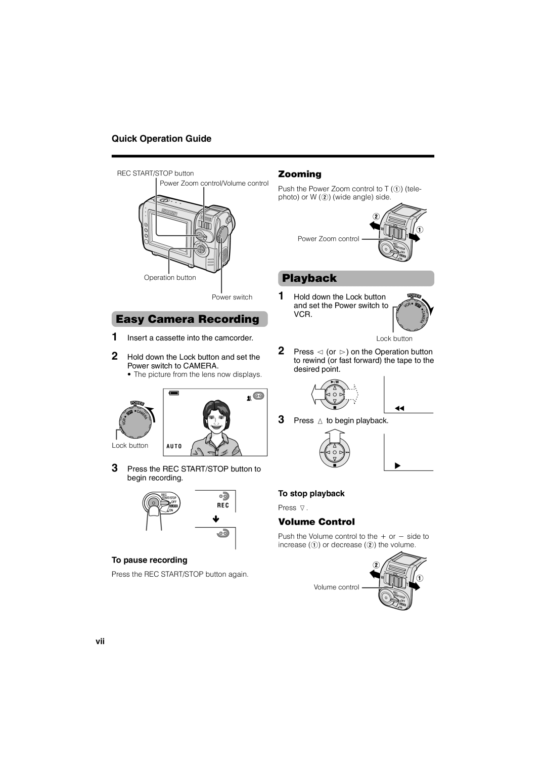 Sharp VL-NZ50U operation manual Easy Camera Recording, Playback, Quick Operation Guide, Zooming, Volume Control 