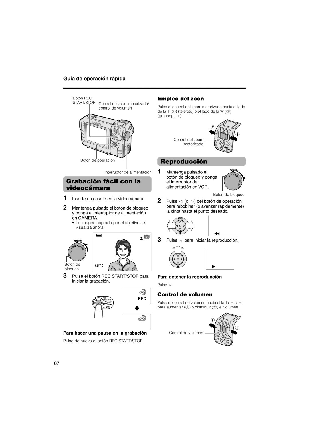 Sharp VL-NZ50U operation manual Grabación fácil con la videocámara, Reproducción, Guía de operación rápida, Empleo del zoon 