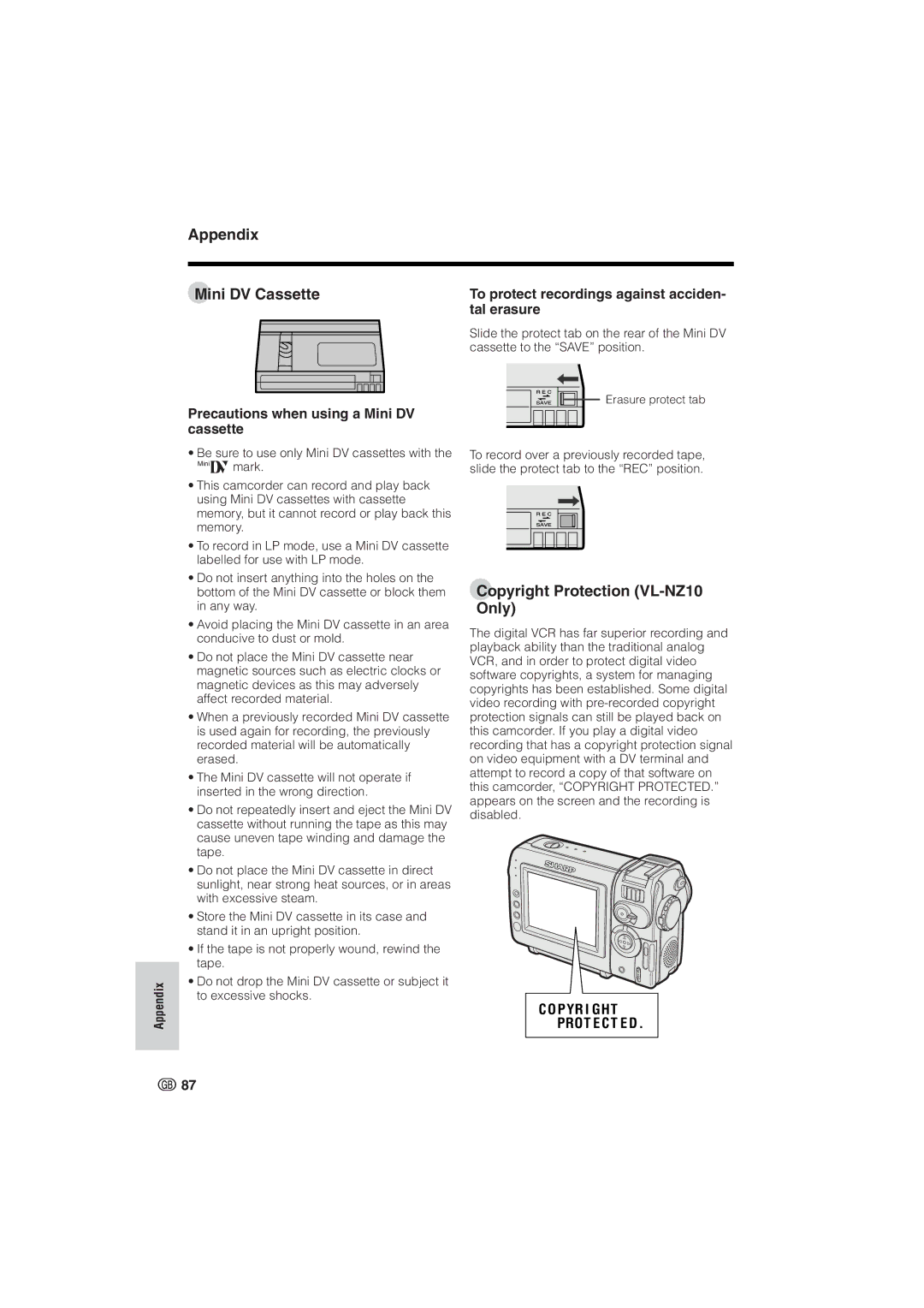 Sharp VL-NZ8S Appendix Mini DV Cassette, Copyright Protection VL-NZ10 Only, To protect recordings against acciden 