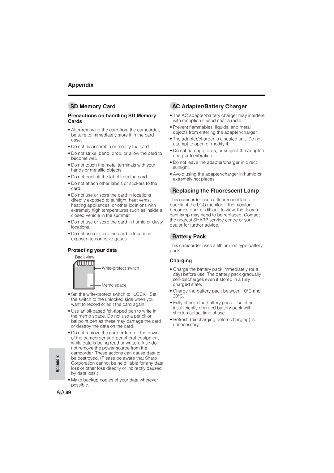 Sharp VL-NZ8S, VL-NZ10S Appendix SD Memory Card AC Adapter/Battery Charger, Replacing the Fluorescent Lamp, Battery Pack 