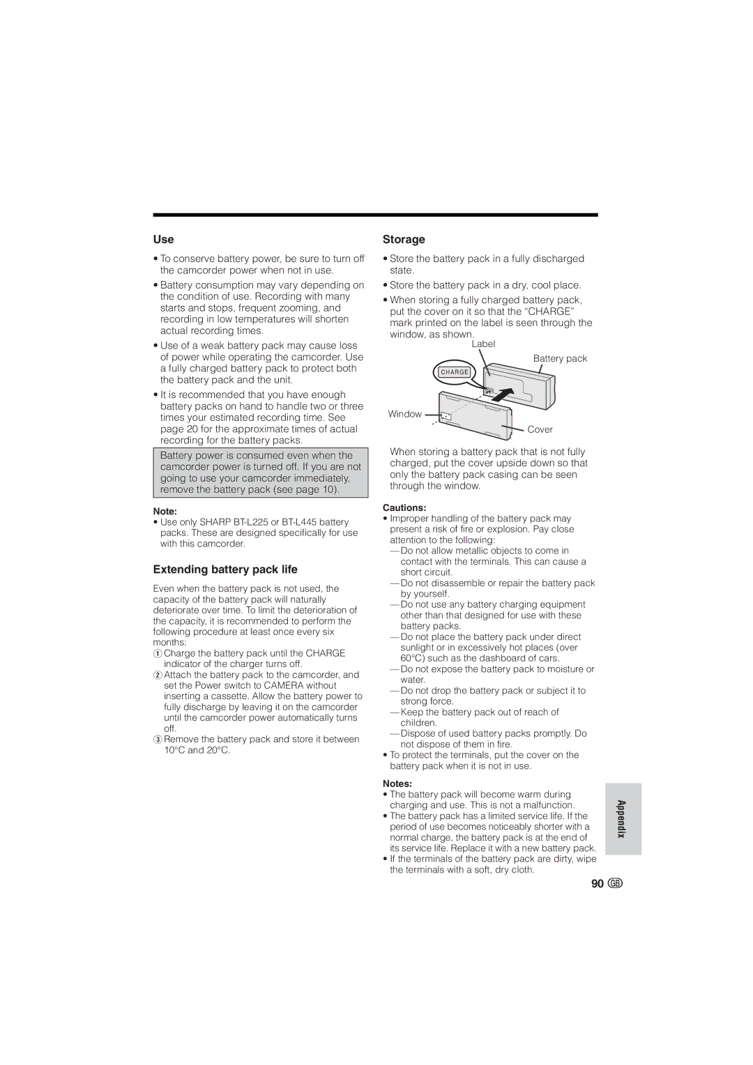 Sharp VL-NZ10S, VL-NZ8S operation manual Use, Extending battery pack life, Storage 