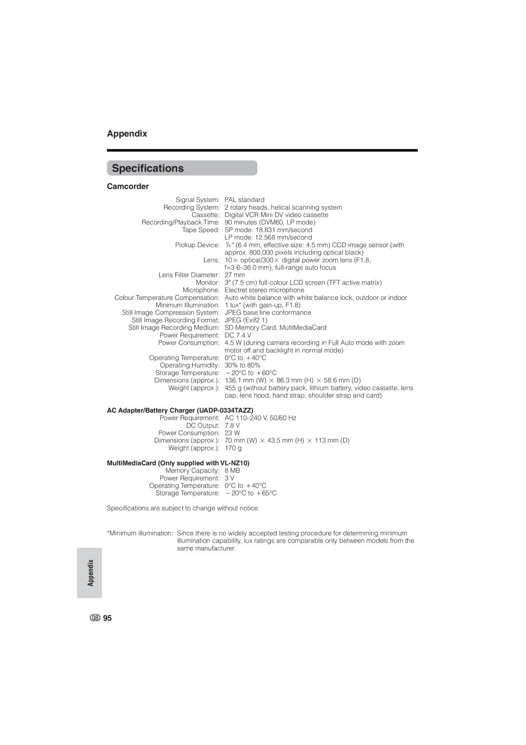 Sharp VL-NZ8S, VL-NZ10S operation manual Specifications, Camcorder, AC Adapter/Battery Charger UADP-0334TAZZ, Appendix 