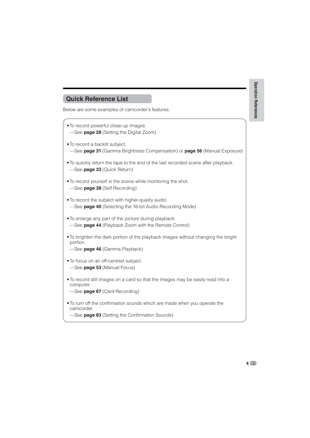 Sharp VL-NZ10S, VL-NZ8S operation manual Quick Reference List 