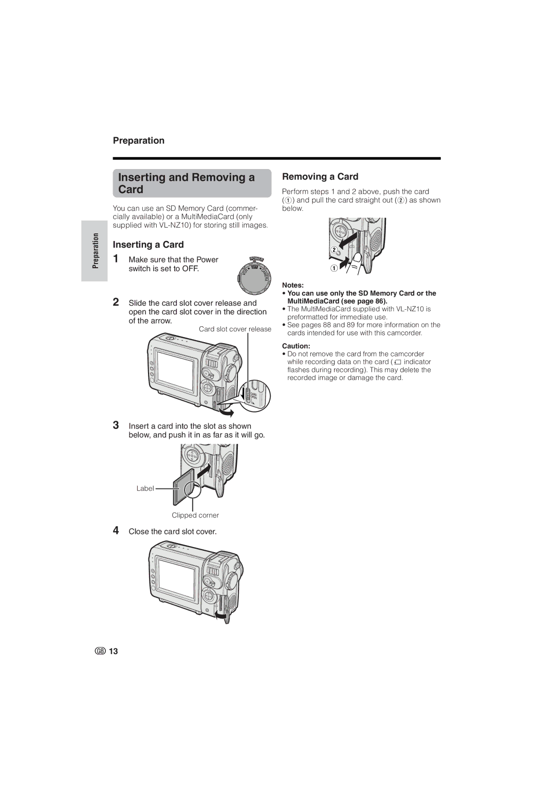 Sharp VL-NZ8S, VL-NZ10S operation manual Inserting and Removing a Card, Inserting a Card 