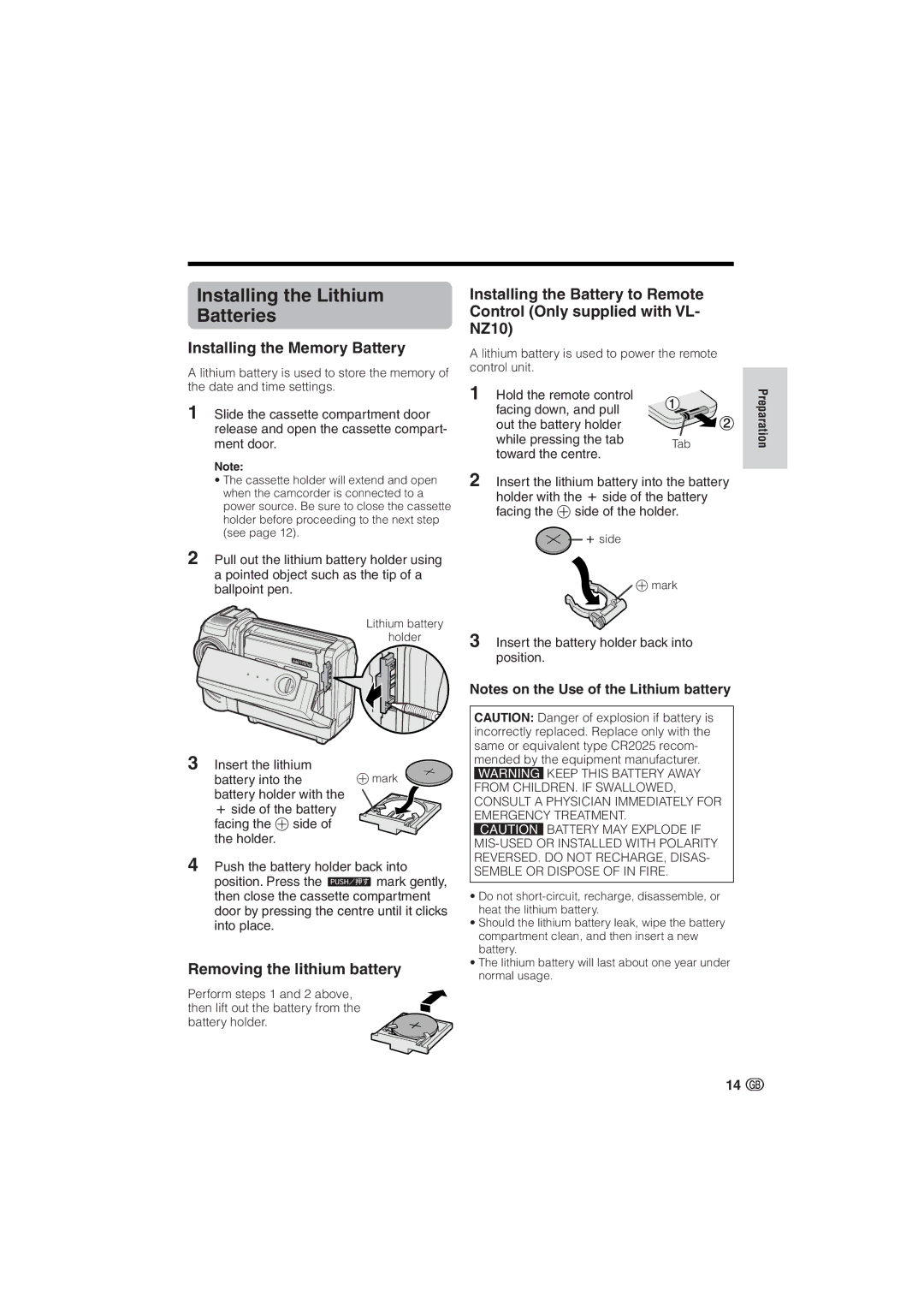 Sharp VL-NZ10S, VL-NZ8S Installing the Lithium Batteries, Installing the Memory Battery, Removing the lithium battery 