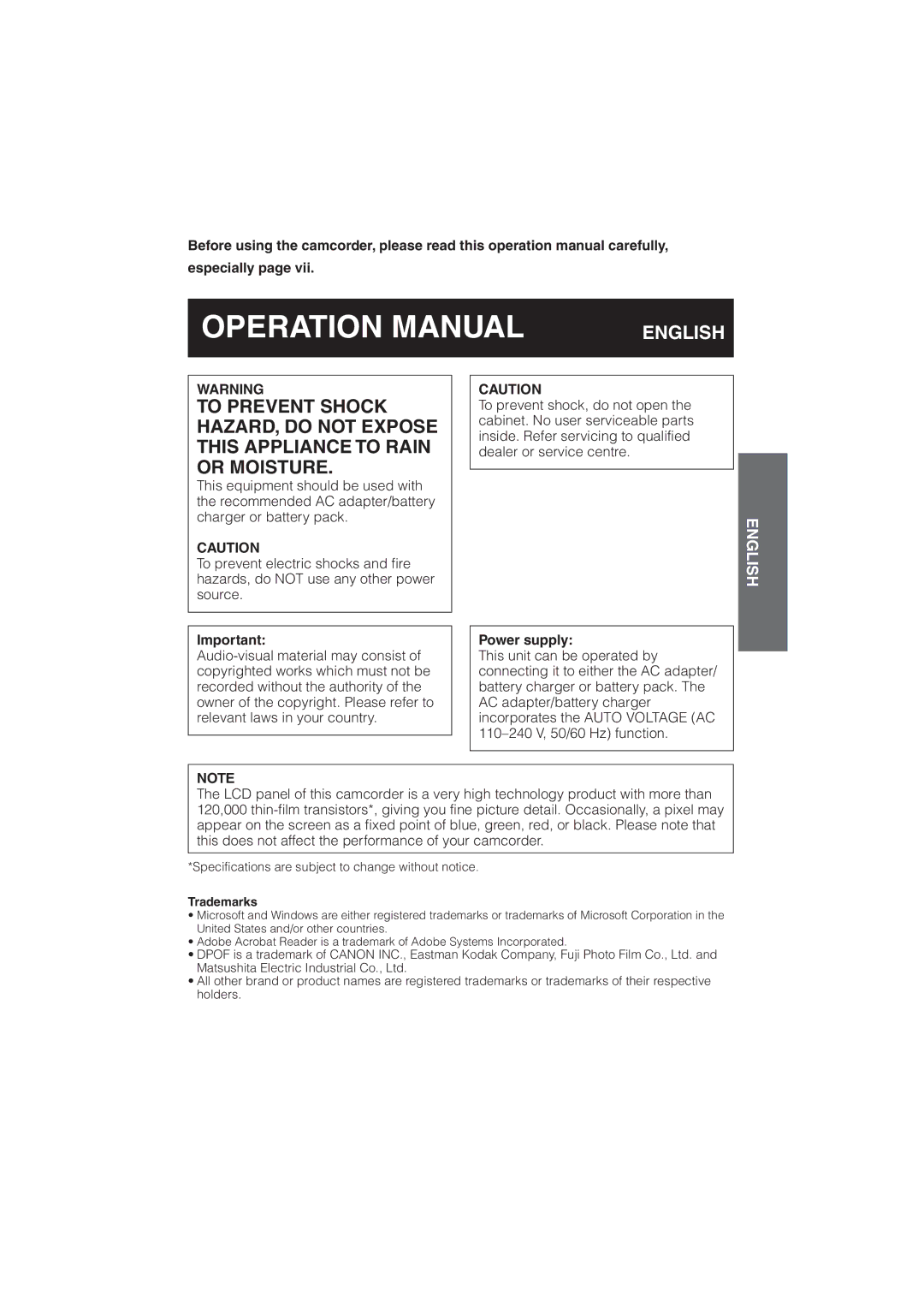 Sharp VL-NZ10S, VL-NZ8S operation manual Especially, Power supply, Trademarks 